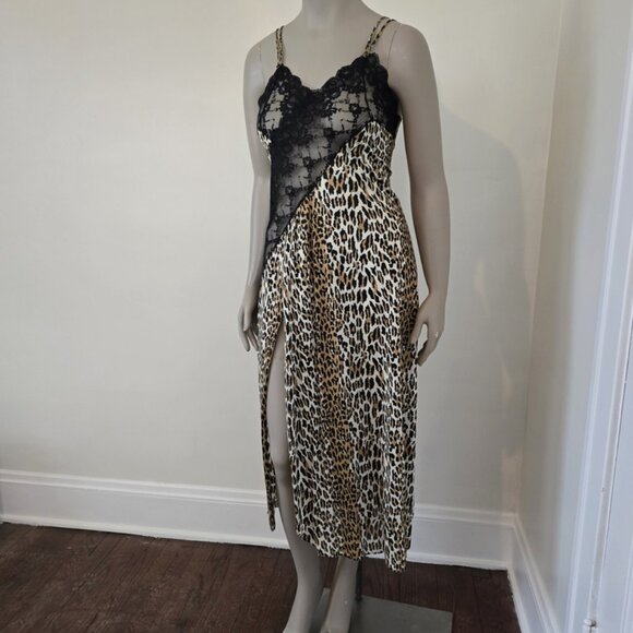 Frederick's Of Hollywood Size M Vintage Leopard Slip Dress Gown Sheer w/ Slit - Picture 2 of 16